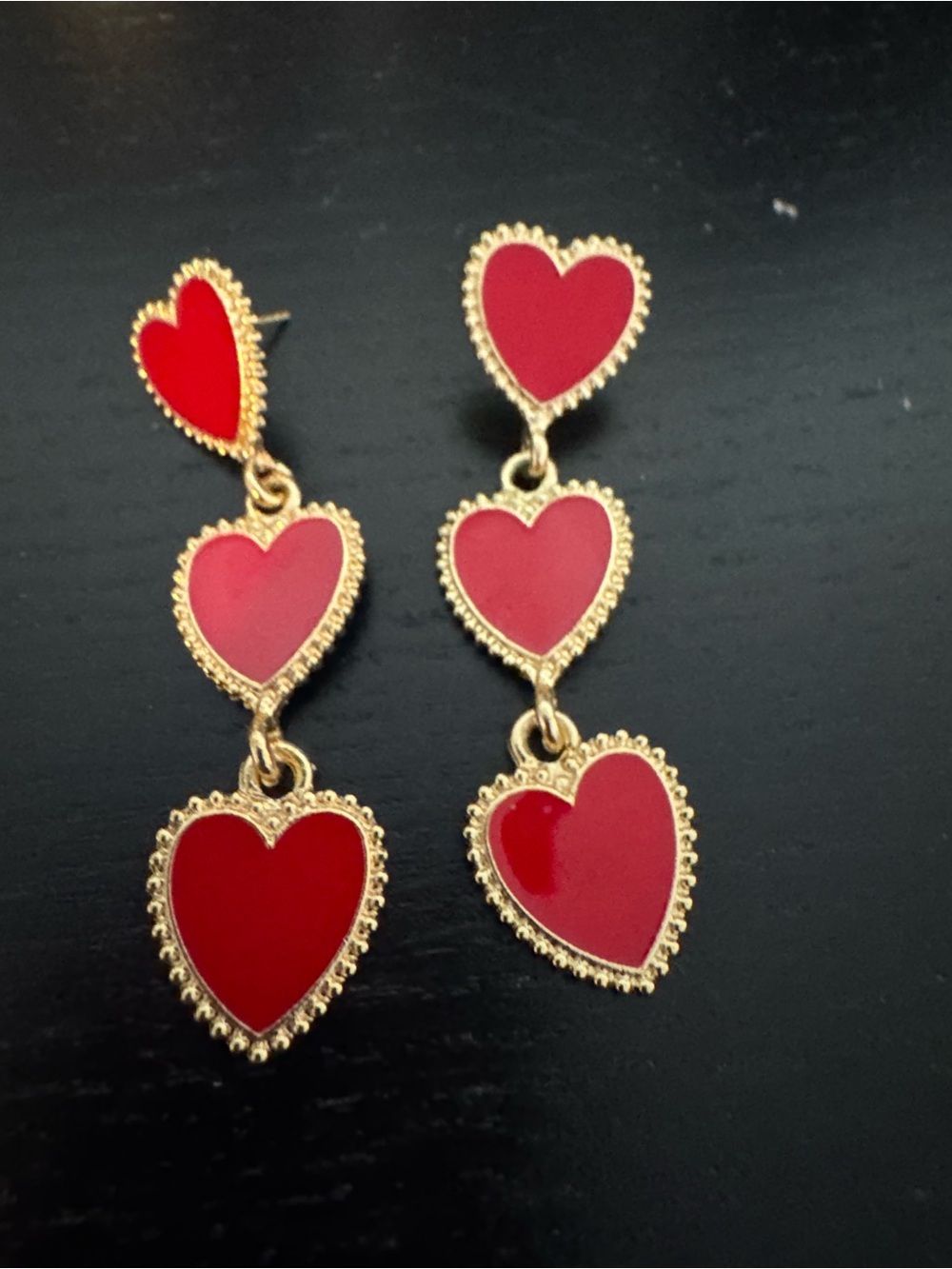 Gold-Tone Triple Red Heart Drop Earrings - Picture 5 of 9
